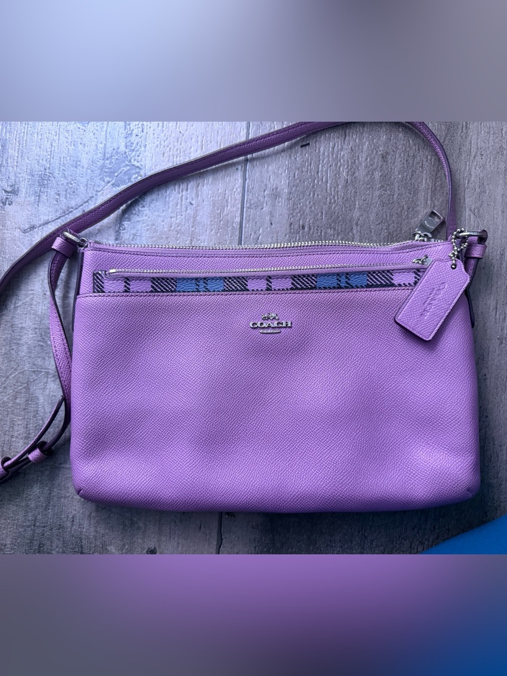 COACH Pink Shoulder Bag with Blue Plaid Accent